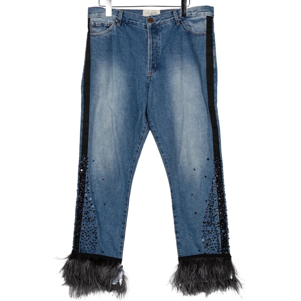 Johanna Ortiz Feather & Crystal Embellished Jeans - Size 8